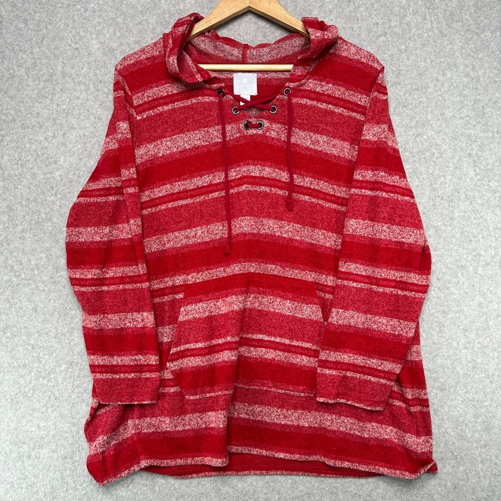 Sunday Striped Boho Soft Hoodie Sweatshirt Women 1X Red White Lace Up‎ Pocket